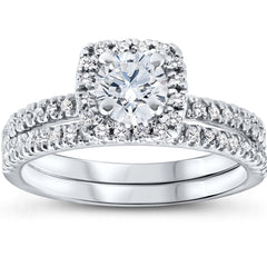 VS 5/8 Ct Lab Grown Diamond Cushion Halo Engagement Wedding Ring Set White Gold