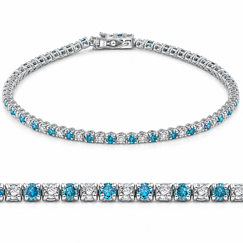 2ct Blue & White Alternating Diamond Tennis Bracelet 14K White Gold 7"