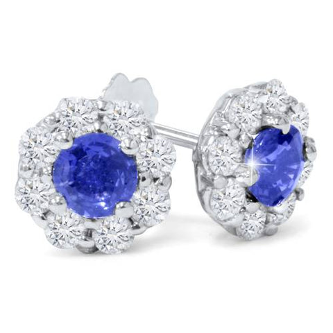 1 3/8ct Blue Sapphire & Diamond Halo Earrings Solid14K White Gold