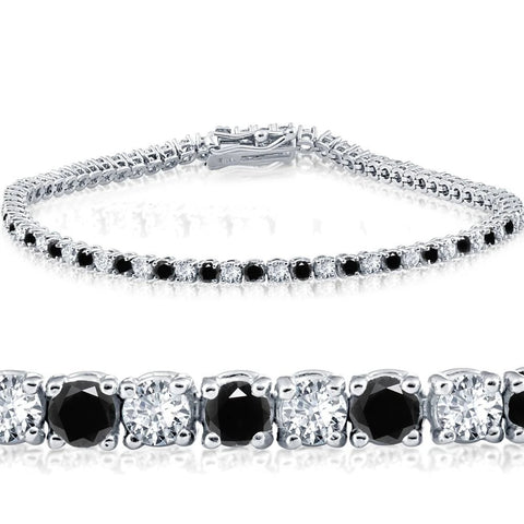 3 Ct TW Black & White Round Cut Real Diamond Tennis Bracelet 14K White Gold 7"