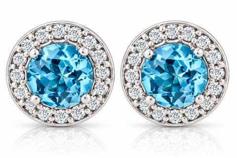 3/4ct Halo Diamond Blue Topaz Studs 14K White Gold