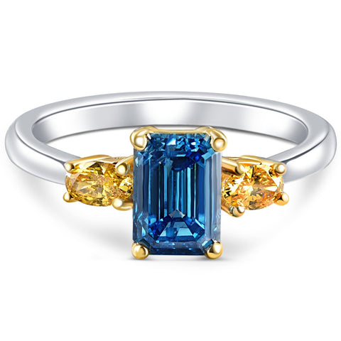 1 1/4Ct Fancy Blue & Yellow Diamond Engagement Three Stone Emerald Ring 14k Gold