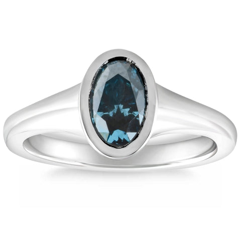 Platinum VS 1 1/4Ct Oval Blue Diamond Bezel Solitaire Engagement Ring 8.82g