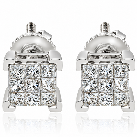 1/3ct Diamond Princess Cut Screw Back Studs Womens Earrings White Gold 5.5mm