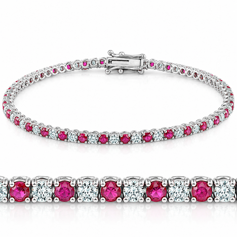 3ct Genuine Ruby & Natural Diamond Tennis Bracelet 14K White Gold