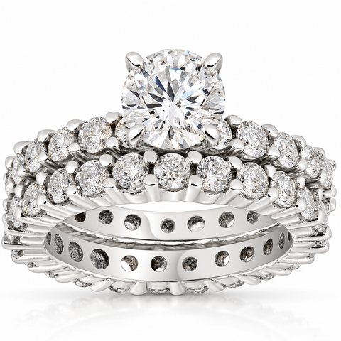 4 Ct Real Diamond Eternity (1ct Center) Engagement Wedding Ring Set White Gold