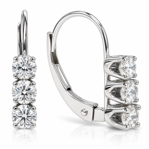 1/2ct TW 3-Stone Real Diamond Women's Lever Back Earrings 14K White Gold