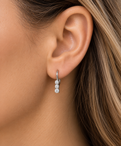 1/2ct TW 3-Stone Real Diamond Women's Lever Back Earrings 14K White Gold