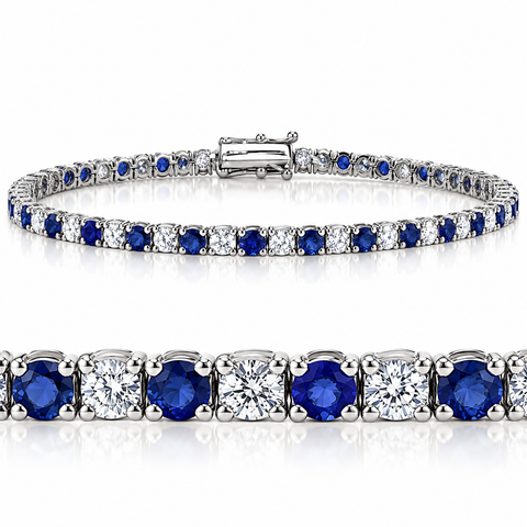 3ct TW Real Blue Sapphire & Round Natural Diamond Tennis Bracelet 14K White Gold