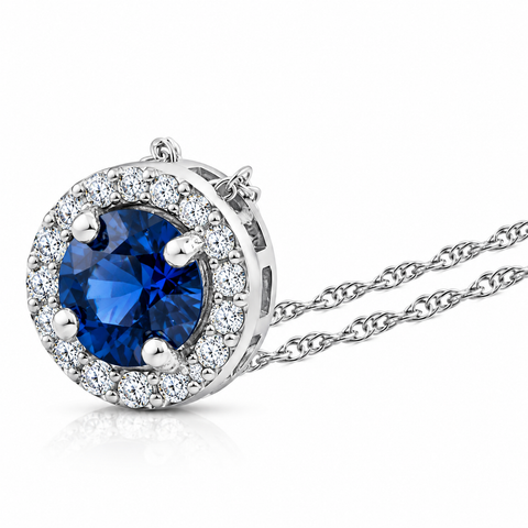 1/2ct Blue Sapphire & Diamond Halo Pendant White Gold & 18" Necklace Lab Grown