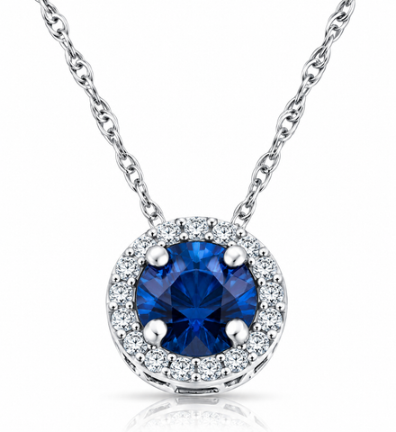 1/2ct Blue Sapphire & Diamond Halo Pendant White Gold & 18" Necklace Lab Grown