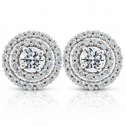 1Ct Natural Diamond Double Halo Studs Screw Back Women's Earrings White Gold