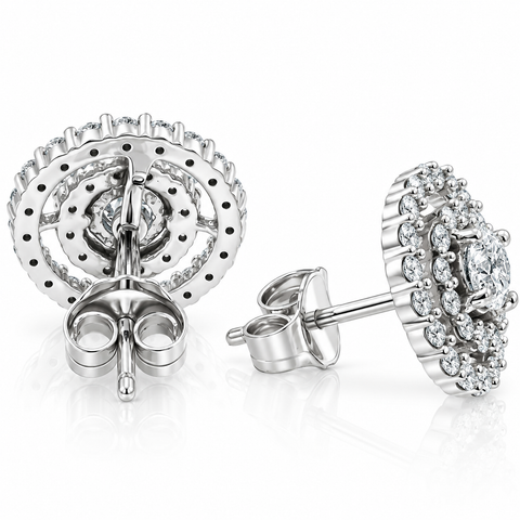 1Ct Natural Diamond Double Halo Studs Screw Back Women's Earrings White Gold