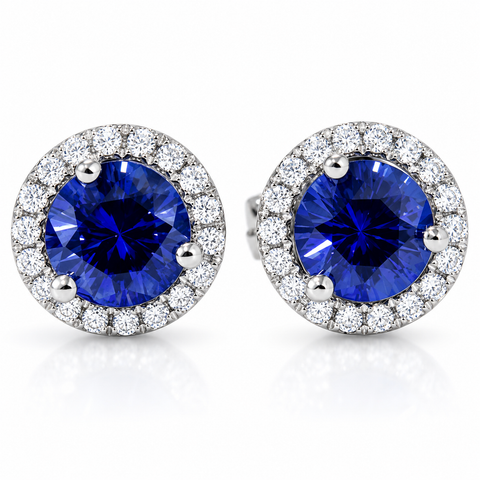 1 Ct Blue Sapphire Diamond Halo Studs Earrings 14k White Gold