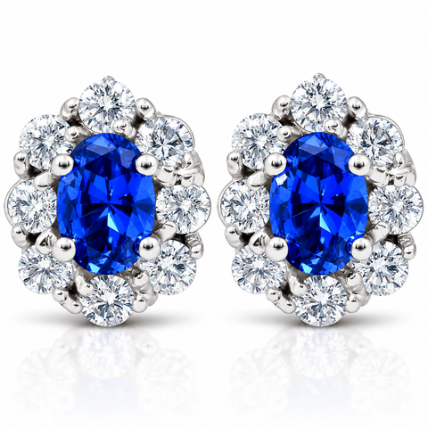 3.10 Ct Blue Sapphire & Diamond Halo Studs 14k White Gold Lab Grown