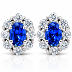 3.10 Ct Blue Sapphire & Diamond Halo Studs 14k White Gold Lab Grown