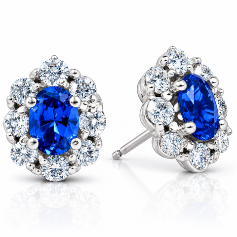 3.10 Ct Blue Sapphire & Diamond Halo Studs 14k White Gold Lab Grown