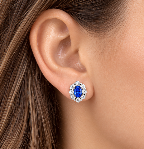 3 Ct Blue Sapphire & Diamond Halo Studs 14k White Gold