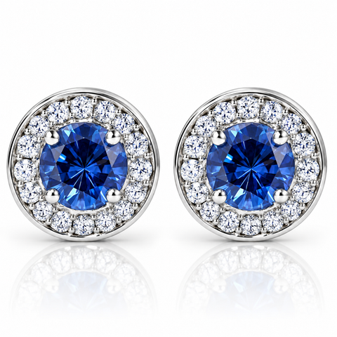 5/8ct Halo Diamond Blue Sapphire Studs 14K White Gold