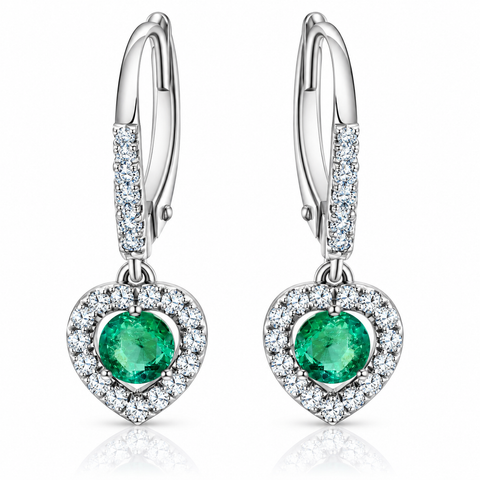 5/8Ct TW Emerald Lever Back Dangle Hoops White Gold Heart Earrings 3/4" Tall