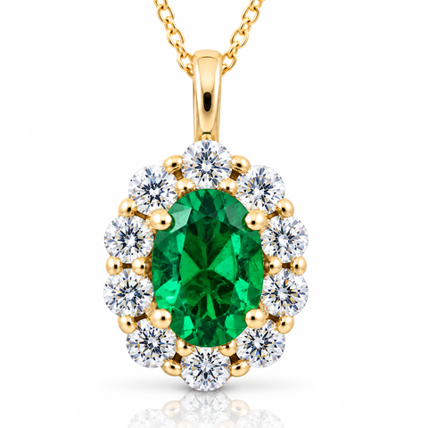 1 3/4ct Emerald & Genuine Diamond Halo Pendant 14K Yellow Gold