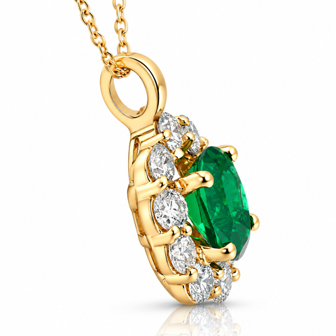 1 3/4ct Emerald & Genuine Diamond Halo Pendant 14K Yellow Gold