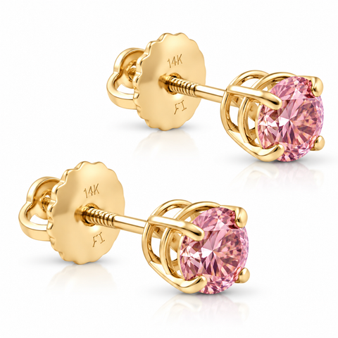VS 1/2Ct Pink Lab Grown Diamond Screw Back Studs Earrings 14K Yellow Gold