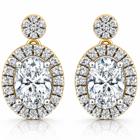 F/VS 3.50Ct Oval Halo Dangle Diamond Earrings Yellow Gold Studs Lab Grown