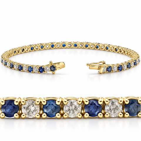 3ct Blue Sapphire & Diamond Tennis Bracelet 14K Yellow Gold 7"