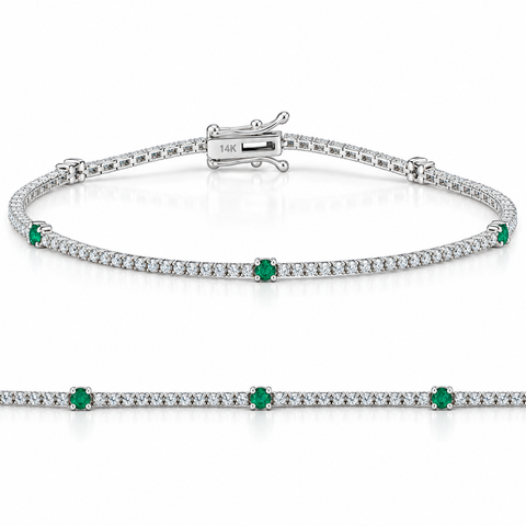 1 1/10 Ct Diamond & Genuine Green Emerald Tennis Bracelet 14k White Gold 7" (G-H, I1)