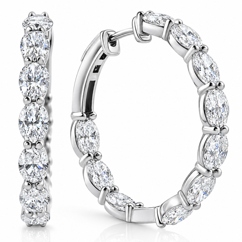 3Ct TW Oval Diamond Inside Outside Hoops Vault Lock 14k White Gold Lab Grown