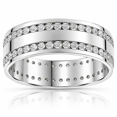 Mens 1 3/8Ct Diamond Eternity Ring 10k White Gold Double Row High Polished
