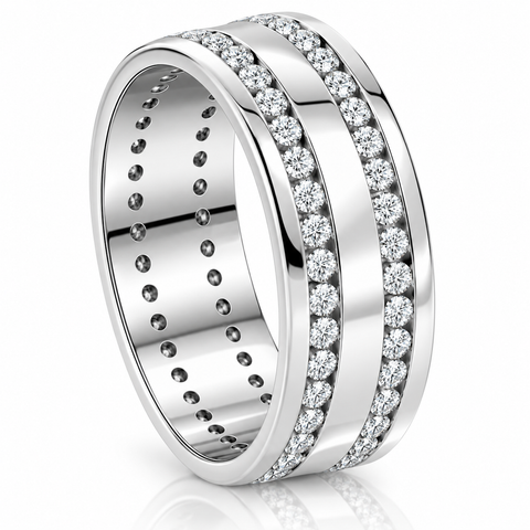 Mens 1 3/8Ct Diamond Eternity Ring 10k White Gold Double Row High Polished