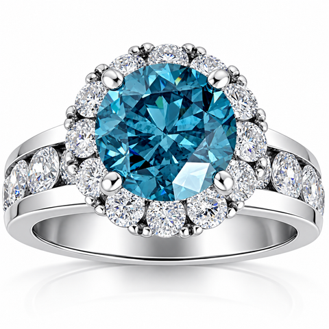 5Ct Blue Diamond Halo Engagement Ring in White Gold Lab Grown