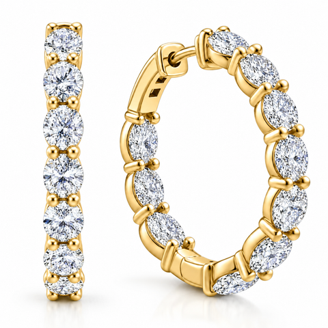 3Ct TW Oval Diamond Inside Outside Hoops 14k Yellow Gold Lab Grown 1"