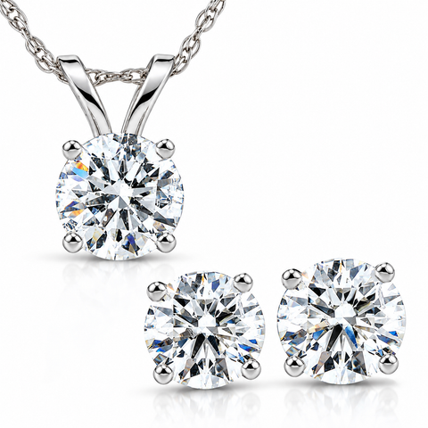 2 Cttw Round Cut Diamond Solitaire Necklace & Screw Back Stud Earrings Set 14K White Gold