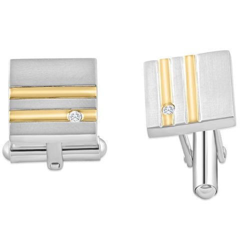 Men's Stainless Steel And Gold Double Striped Square Polished 14mm Cufflink