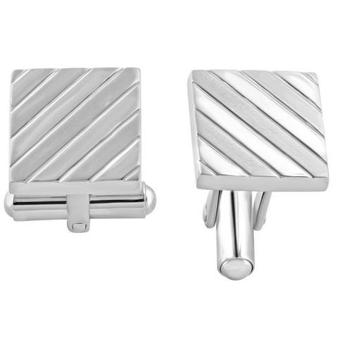Men's Stainless Steel Square Striped Polished 14mm Cufflink