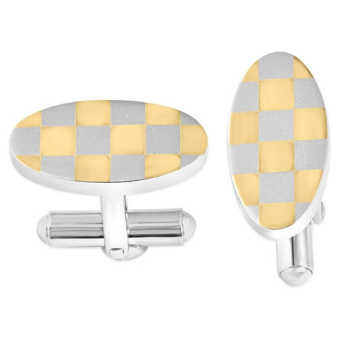 Men's Stainless Steel And Checkered Gold Polished 11mm Cufflink