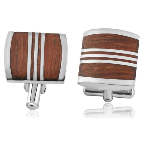 Men's Stainless Steel And Drift Wood Brown Square Polished 18mm Cufflink