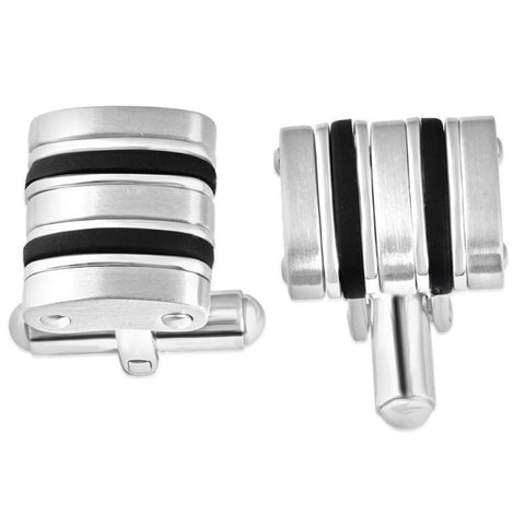 Men's Polished Stainless Steel And Brushed Black Striped 12.5mm Cufflink