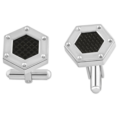 Men's Stainless Steel And Black Carbon Fiber Hexagon Polished 16.5mm Cufflink