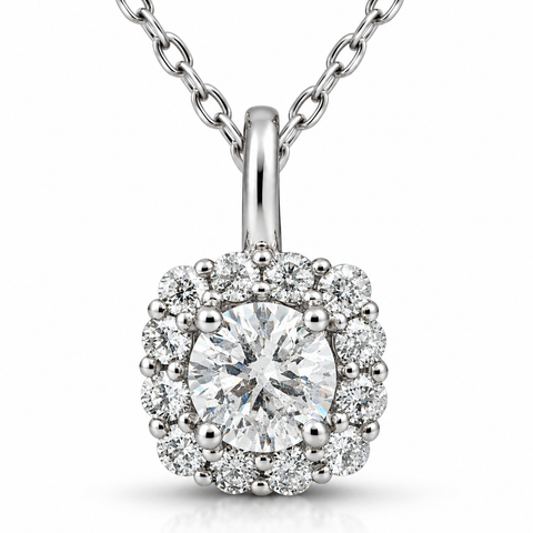 5/8ct Cushion Halo Diamond Pendant 14k White Gold & 18" Chain