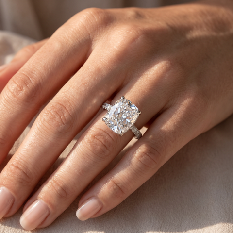 Certified F/VS 5.86Ct Elongated Cushion Diamond Hidden Halo Engagement Ring Gold