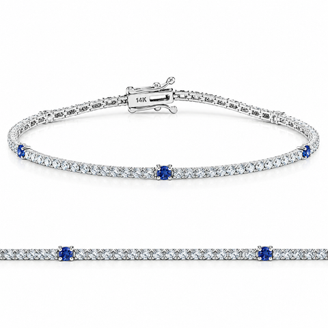1 1/10Ct Diamond & Blue Sapphire Tennis Bracelet 14k White Gold 7" Lab Grown