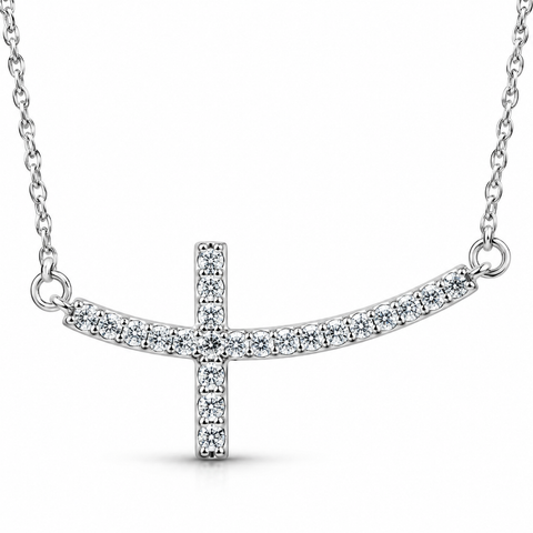 G/SI .30Ct Diamond Sideways Cross Pendant 14k White Gold & 18" Chain 1 1/4" Wide