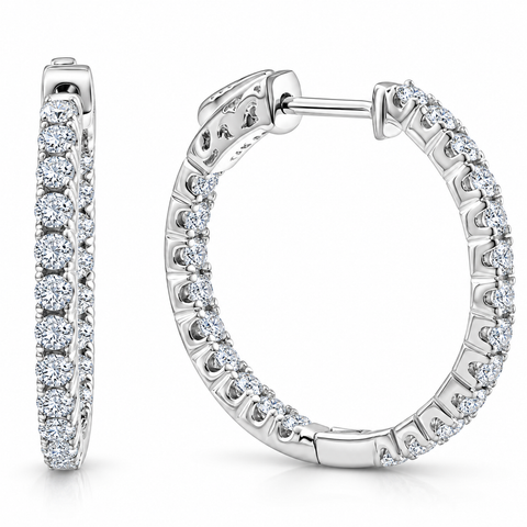 F/VVS 1.55Ct Diamond Inside Outside Hoops Vault Lock 1" Tall Lab Grown