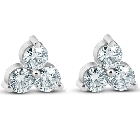 G/VS 1ct Lab Grown Diamond 3 Stone Studs Womens Earrings 14K White Gold