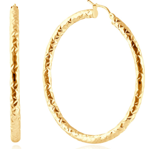 14k Yellow Gold 3mm Designer Hoops Women's Earrings 1 3/4" Tall 1.9grams