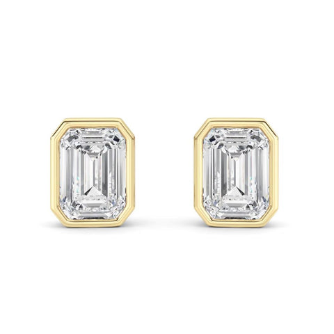 2Ct TW Emerald Cut Diamond Bezel Studs 14k Yellow Gold Lab Grown Earrings